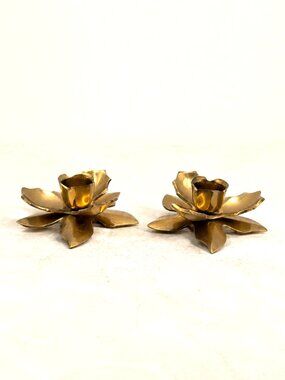 Vintage Brass Lotus Flower Candle Holders Set of 2 Tea Light Taper Candlesticks